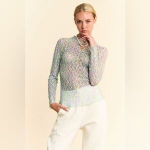 🟠 102B. Loose Turtleneck Lace Sheer Long Sleeve - Lavender Multi